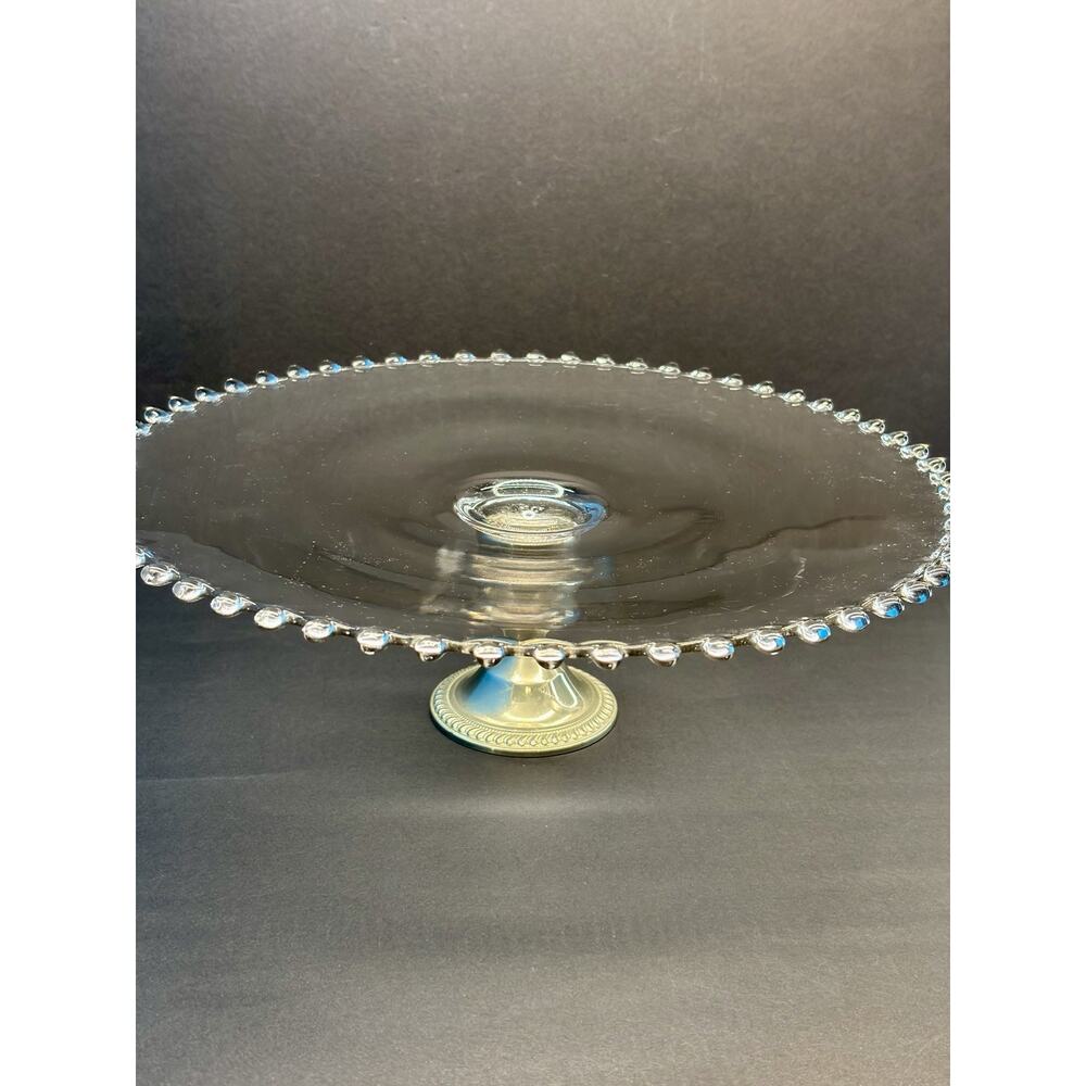 Imperial Candlewick Cake Stand  Glass Nickel Silver Mayflower Pedestal Vintage